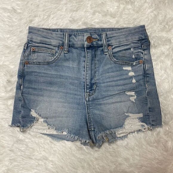 American Eagle Curvy Hi Rise Shortie Stretch Denim Jeans Shorts Size 2 Distresse - Picture 1 of 11